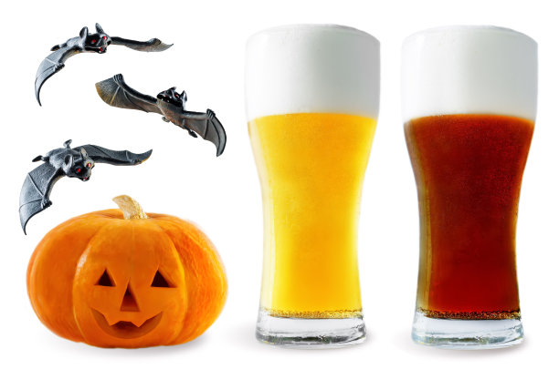 啤酒单:淡啤酒和黑啤酒，南瓜和蝙蝠隔离图片下载