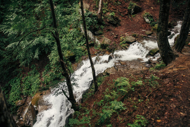 美丽的瀑布在森林中的河流在山区。有水流和岩石的喀斯喀特河。在夏日阳光的照射下，美丽的河流景观。瀑布雨林图片图片下载