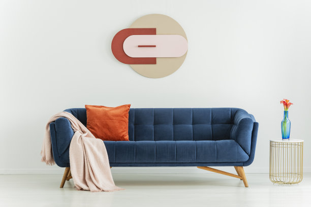 蓝色沙发旁边的桌子上放着花，橙色的枕头和毯子，里面有海报。真实的照片图片下载