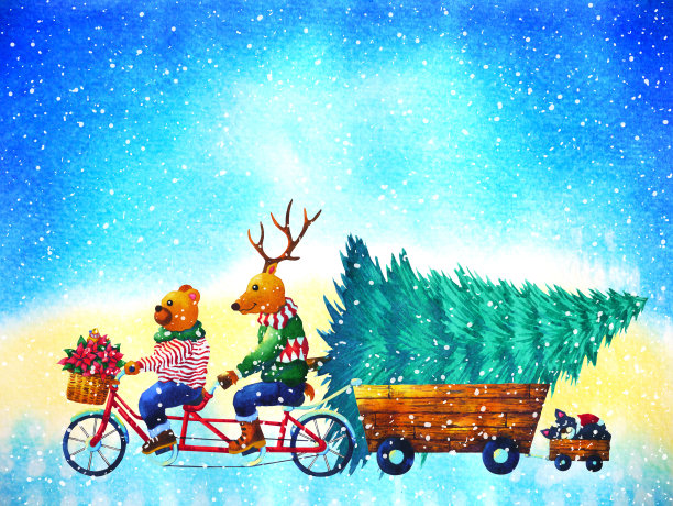 圣诞动物新年快乐水彩画插画图片下载