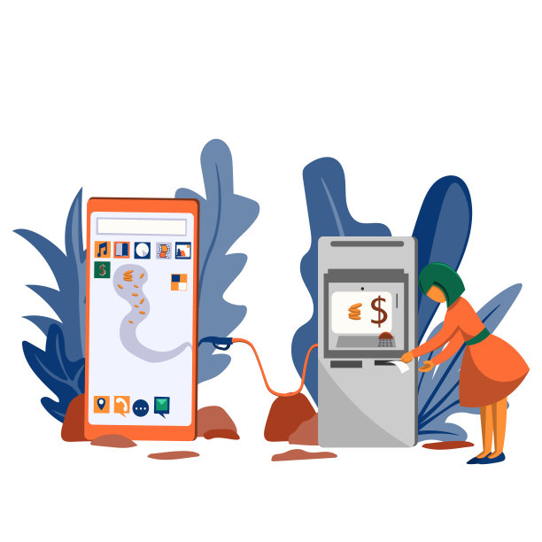 那女孩用自动提款机把现金存到手机里。将现金转入电子账户。图片下载