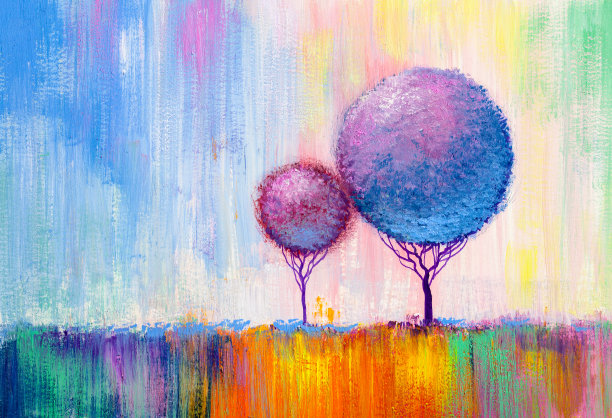 圆的树木,绘画。图片下载