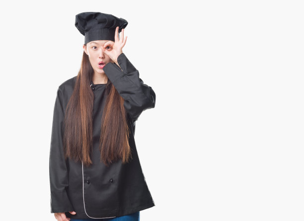 年轻的中国女子在孤立的背景下，穿着厨师制服做着ok的手势，震惊的脸，眼睛透过手指看。不相信的表情。图片下载