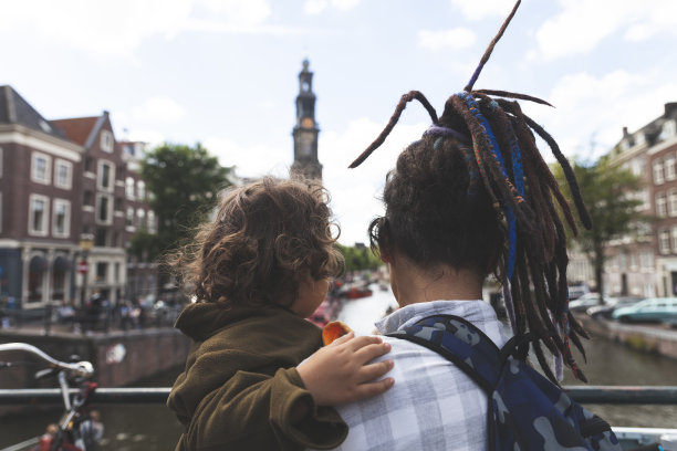 拍摄母亲和孩子的背影，欣赏城市风景图片下载