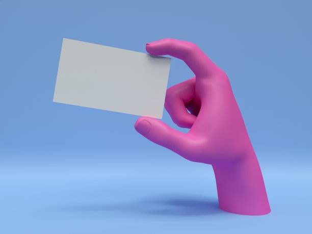 3d渲染，粉色手握空白卡，孤立在蓝色，抽象时尚背景，商店展示，人体模型的身体部分，展示，展示图片下载
