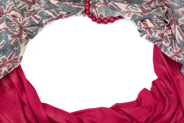 织物的装饰性悬垂框架。女人的围巾红色的图案是英国国旗。图片下载