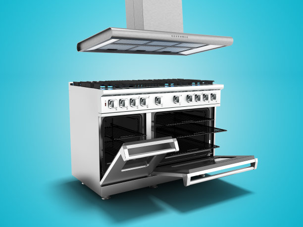 金属煤气炉和燃气开放烤箱罩3d渲染在蓝色背景与阴影图片下载