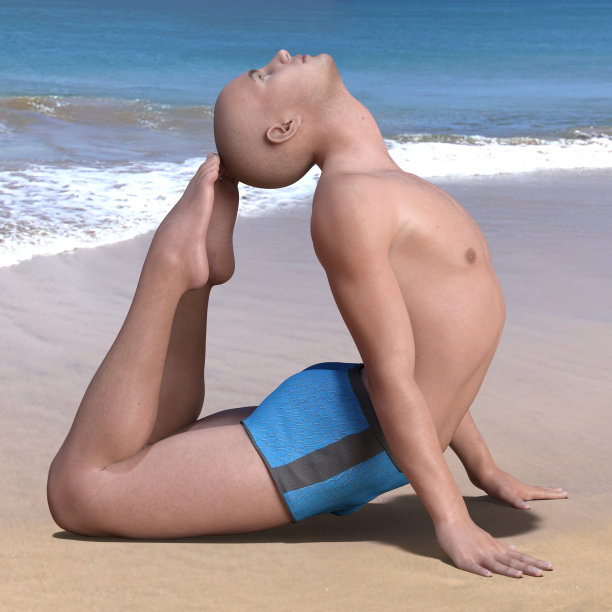 Vrschikasana姿势光头男子海滩图片下载