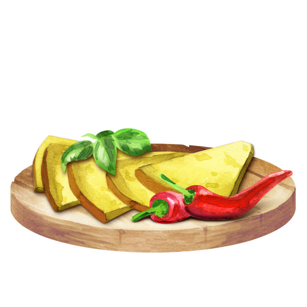 香辣芝士配胡椒和罗勒。水彩图片下载