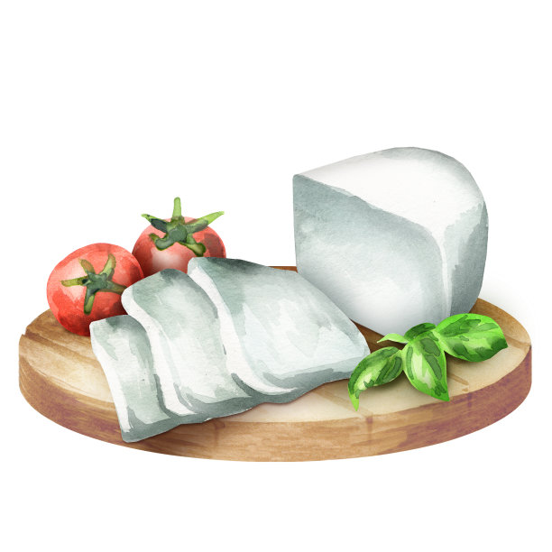 软奶酪配西红柿和罗勒。水彩图片下载