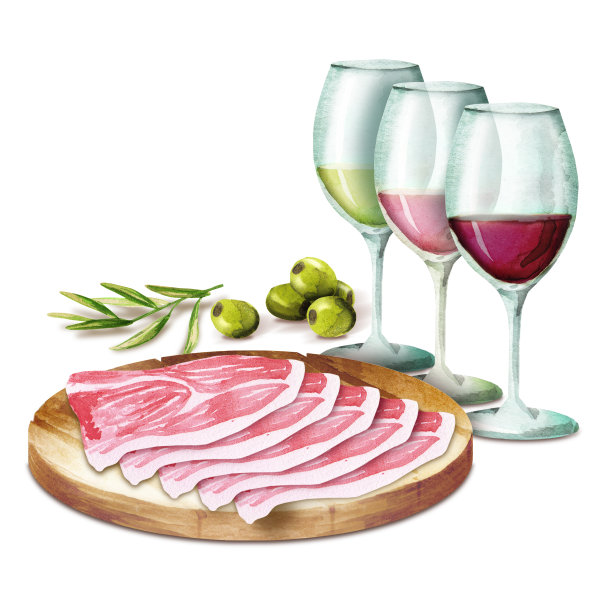 盘子上放着酒和哈蒙。水彩图片下载