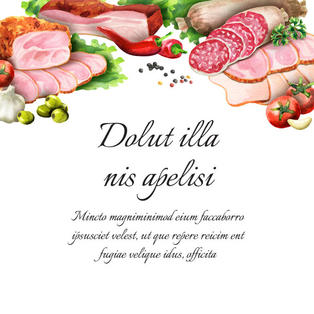 熏肉和香肠背景。水彩模板图片下载