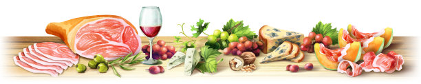 火腿，奶酪和葡萄酒的全景图像在一个白色的背景。意大利晚餐。西班牙晚餐。可用于厨房斯基利。水彩图片下载
