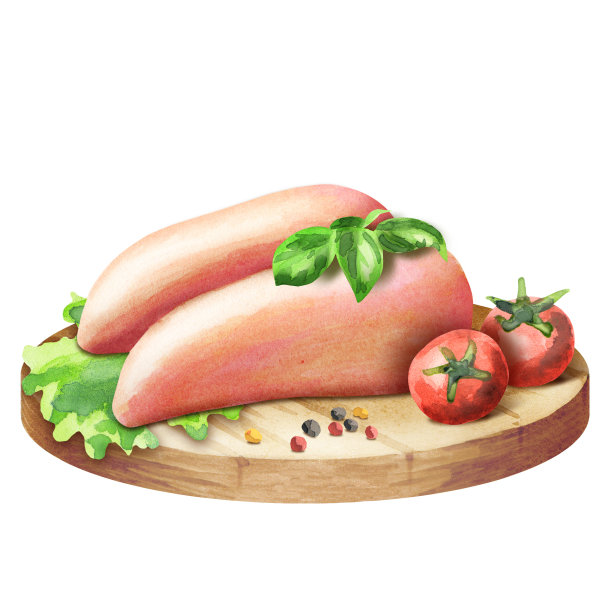 鸡柳配西红柿和香草在盘子里。水彩图片下载