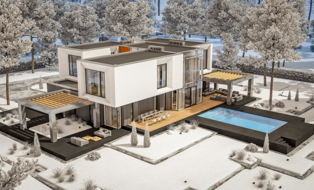现代舒适的房子冬天的3d渲染与闪亮的白色雪图片下载