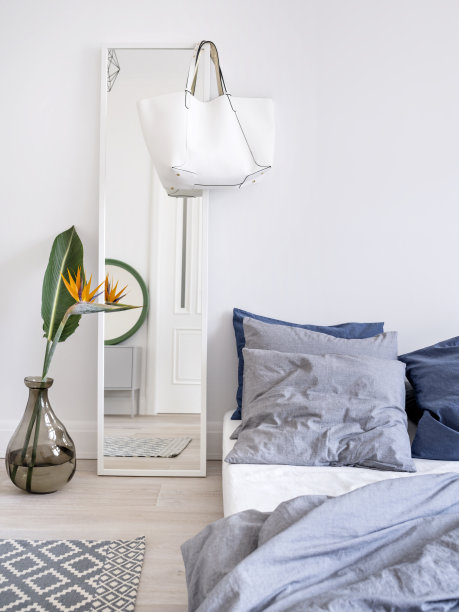 斯堪的纳维亚白色的卧室。图片下载