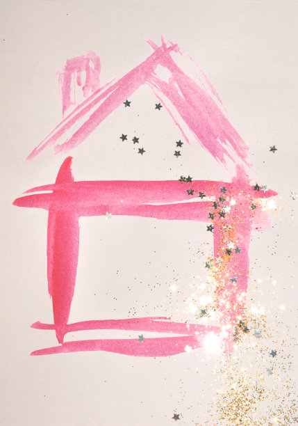 金色的闪光和闪烁的星星在抽象的粉红色水彩画房子图片下载