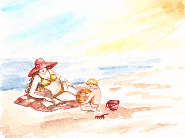 水彩夏日海景沙滩，妈妈和宝宝图片下载