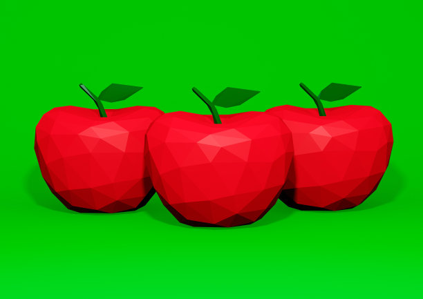 特写低聚苹果孤立在绿色背景，3D插图图片下载