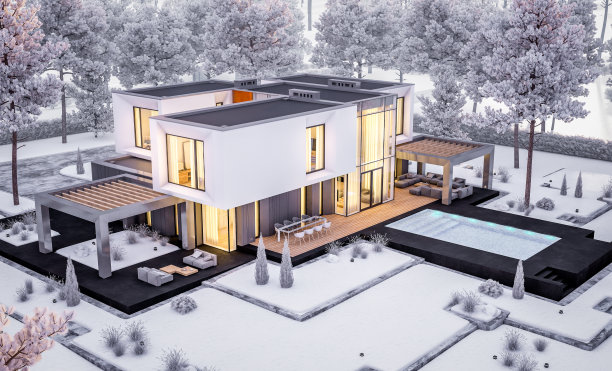 3d渲染现代舒适的房子与花园在冬季晚上图片下载