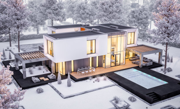 3d渲染现代舒适的房子与花园在冬季晚上图片下载