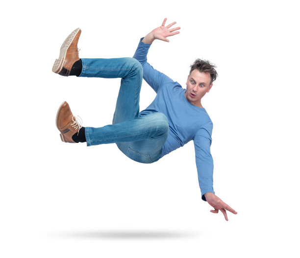 情境，一名男子跌倒，孤立在白色背景上。事故的概念图片下载