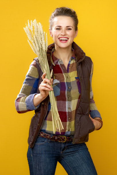 女种植者与小麦小穗在黄色背景上孤立图片下载