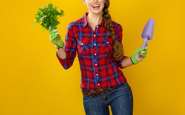 微笑的妇女种植与新鲜的欧芹和园艺工具图片下载