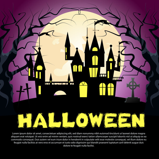 万圣节的字体有城堡，十字，树和月亮图片下载