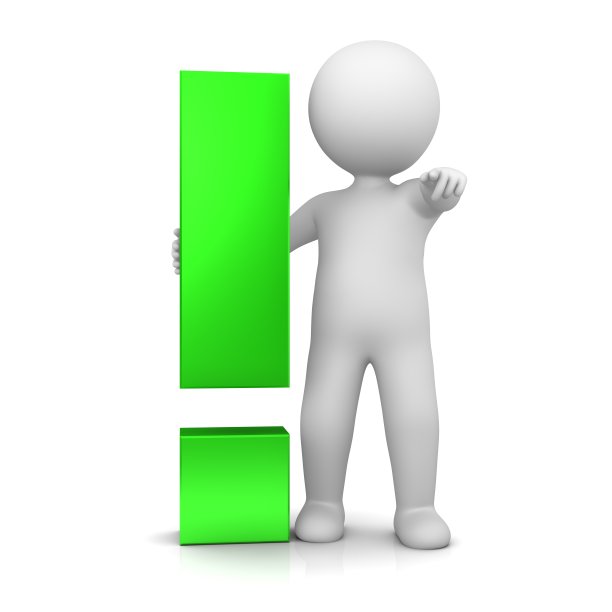 感叹号标记，绿色标志，符号，图标，与指向站立，3d木棍人物，人，白色孤立图片下载