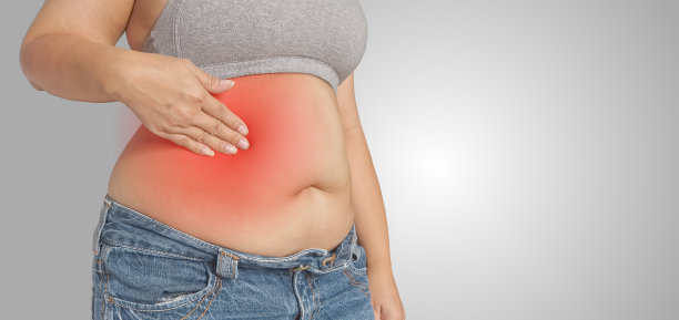 阑尾炎、急性胃炎是女性身体上的灰色背景，解剖学概念图片下载