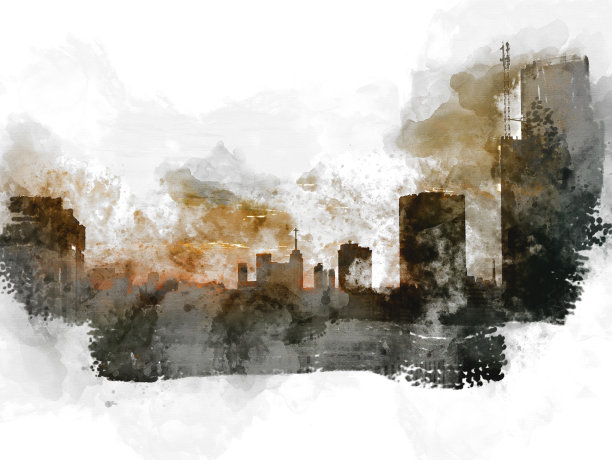 以首都抽象建筑为背景的水彩画。城市上的数字插画刷艺术。图片下载