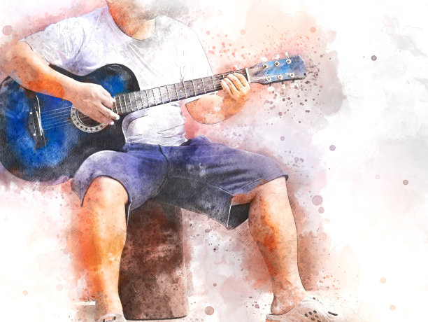 抽象美丽的吉他演奏前景上的水彩画背景和数字插图画笔艺术。图片下载