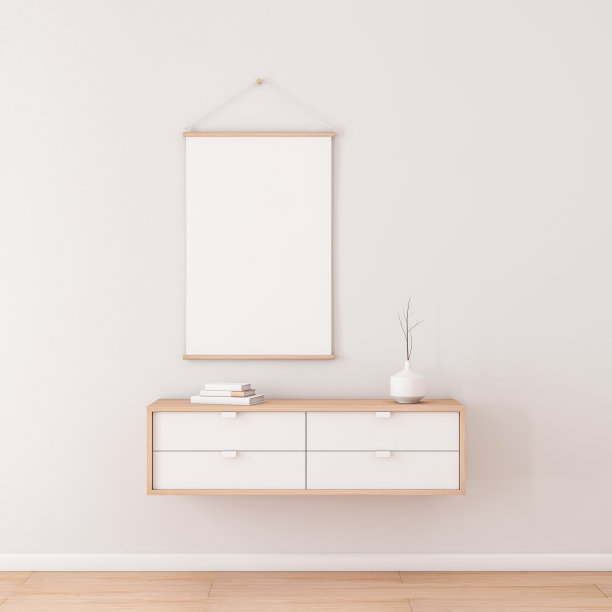 竖卷海报模型挂在现代室内的墙上，拉下图表图片下载