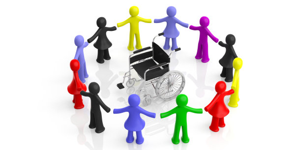 一圈彩色人物，中间是轮椅，孤立在白色背景上。三维演示图片下载