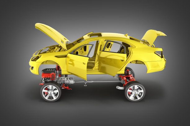 车身和悬挂与车轮和发动机起落架与车身在黑色渐变背景3d中详细隔离图片下载