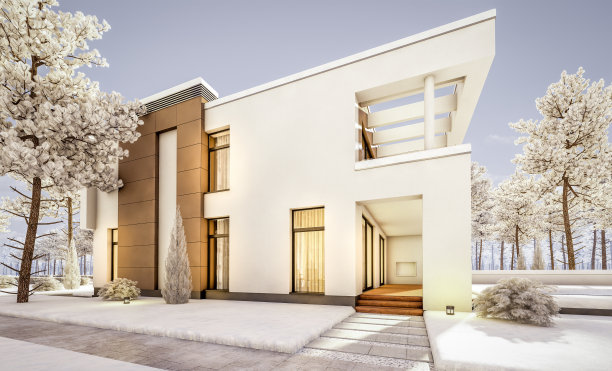现代舒适的房子的3d渲染凉爽的冬季晚上图片下载