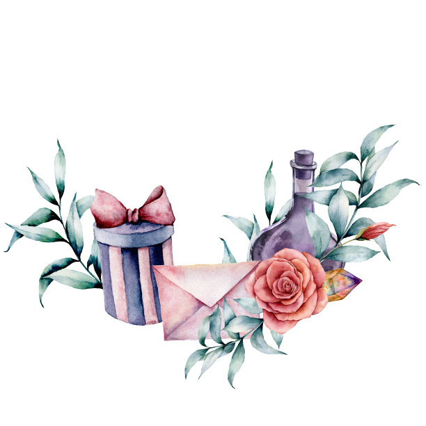 水彩生日装饰卡与信封，玫瑰花束和礼盒。手绘桉树叶子，瓶子，水晶孤立在白色背景。节日的插图。图片下载