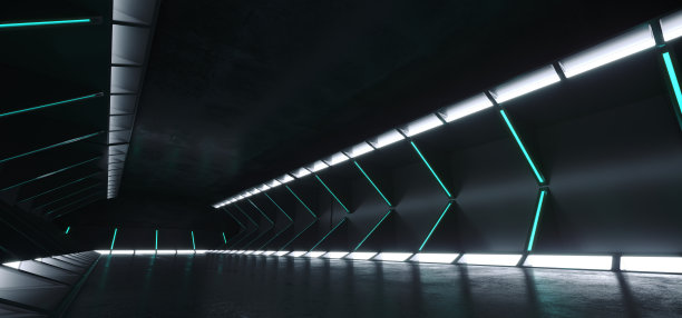 未来现代科幻黑暗空飞船隧道走廊房间与蓝色白光和反射技术概念背景3D渲染图片下载