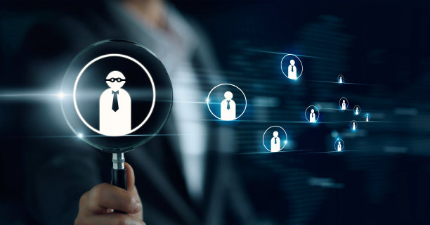 商人拿着放大镜，寻找优秀高素质的员工。官员寻找代表图标的雇员。招聘、客户关系管理、人力资源、人力资源、团队合作理念。图片下载
