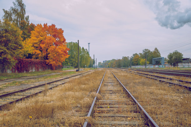 城市里加,拉脱维亚。金属轨道和城市秋天的早晨。2018年旅游照片。图片下载