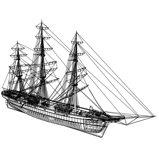 一个典型的19世纪3桅杆Clipper的3D渲染。大纲与框架图片下载