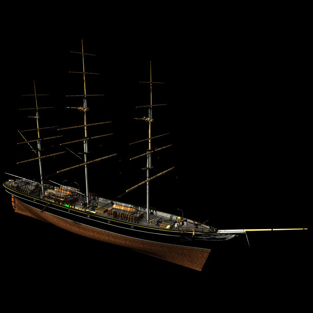 一个典型的19世纪3桅杆Clipper的3D渲染。概述了轮廓图片下载