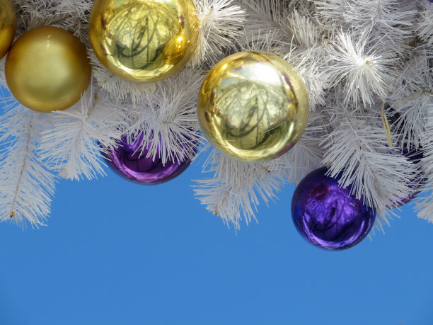 圣诞彩球在白杉树枝上孤立在蓝天上图片下载