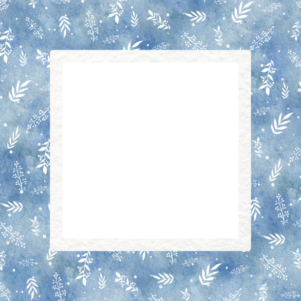 水彩方形框架与蓝色渐变背景，树枝和雪素材图片