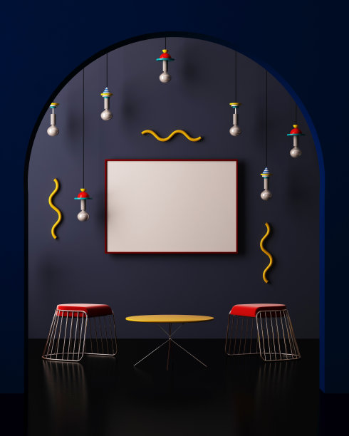 室内有一张孟菲斯风格的拱门海报。3 d渲染。三维演示图片下载