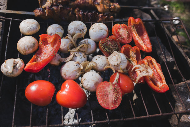 用明火烤制蔬菜、鸡肉和猪肉。烤架上放洋葱，蘑菇，番茄和红辣椒。砖做的烧烤场所。夏日美食照片图片下载