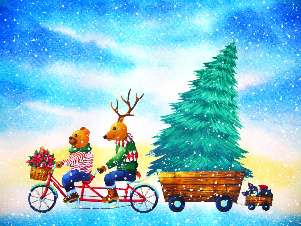 圣诞动物新年快乐水彩画插画图片下载