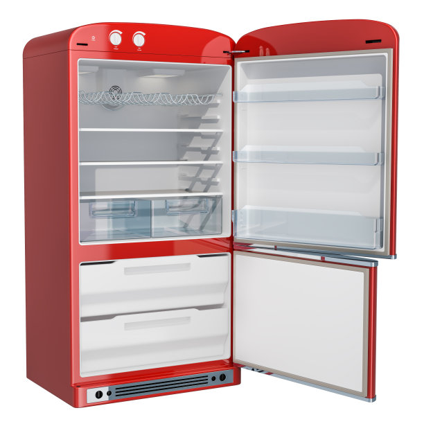打开红色冰箱，复古设计。3D渲染孤立的白色背景图片下载