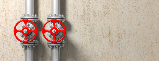 工业管道和阀门灰泥墙背景，横幅，复制空间。三维演示图片下载